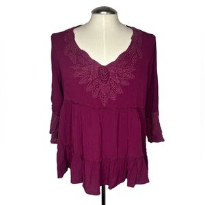 Women’s V-Neck Peplum Purple Long Sleeve Boho Top Sz 1X